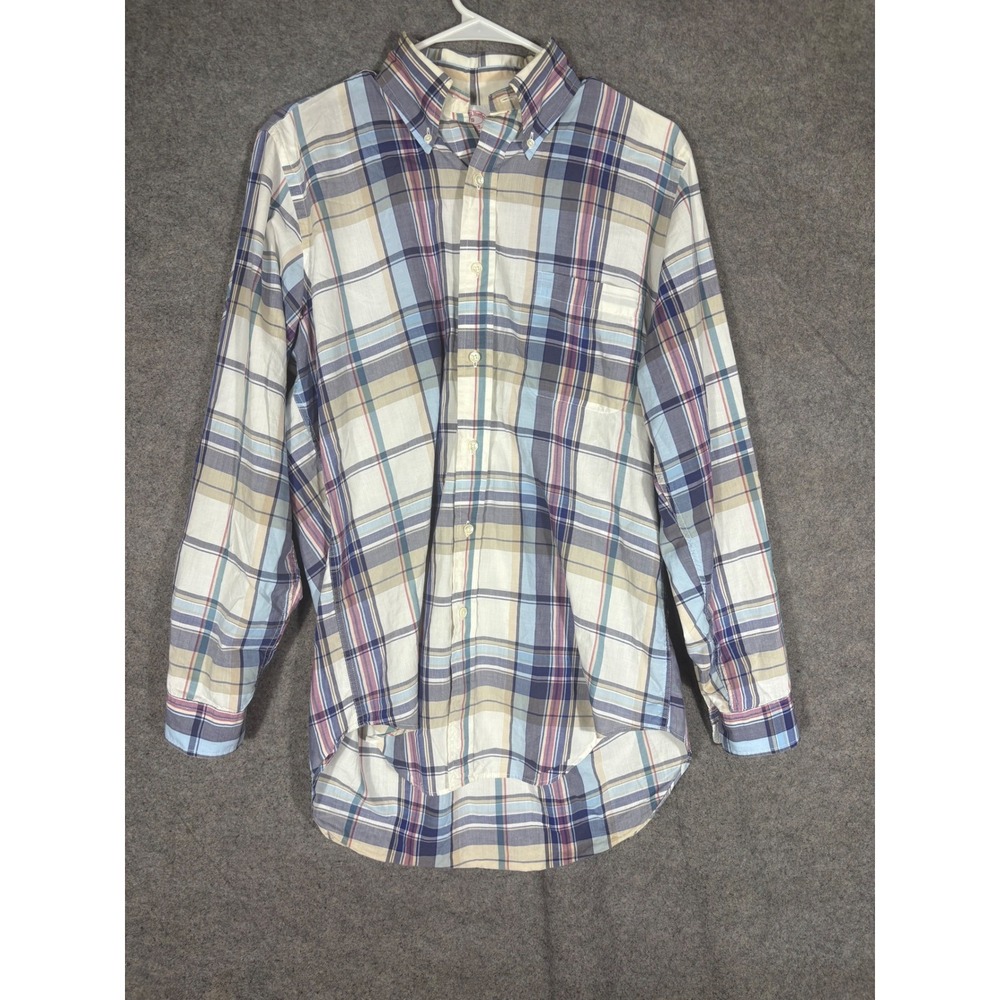 Brooks Brothers Mens Small Plaid Button Down Shirt Blue Tan Cotton Made in USA